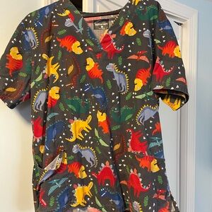 Colorful Dinosaur Print Unisex Short Sleeve Scrub Top
